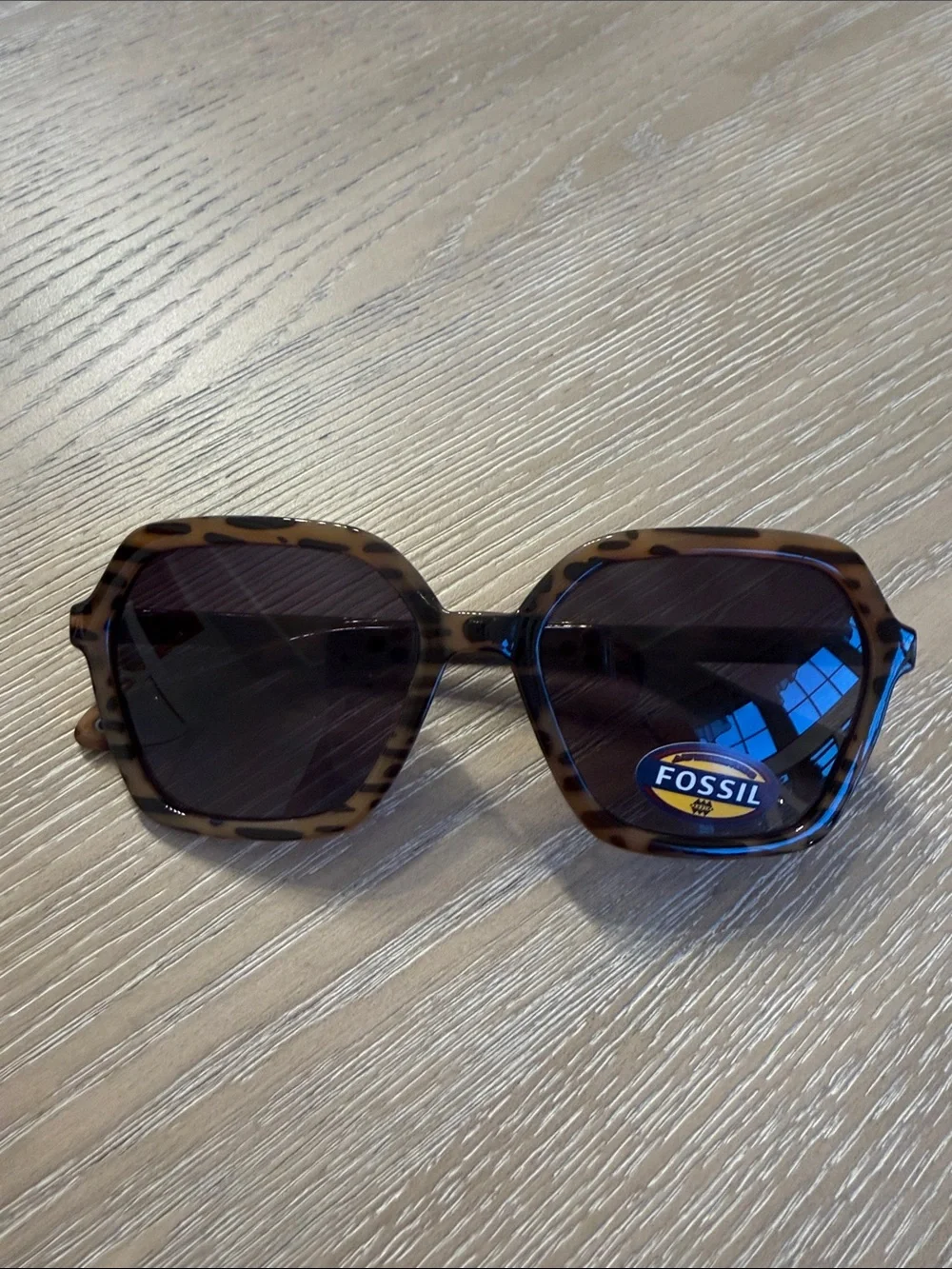Fossil Tortoiseshell Hexagonal Sunglasses with Dark Lenses